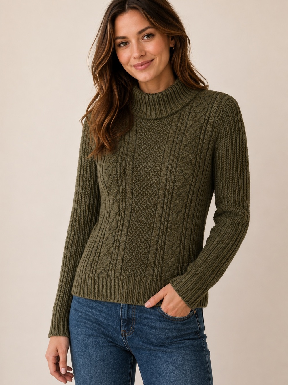 Jeanne Pierre Olive Cable-Knit Turtleneck Sweater woman’s size Small 100% cotton